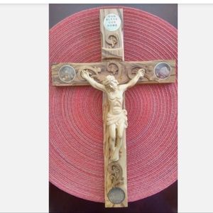 Handmade olive wood hanging cross 13"